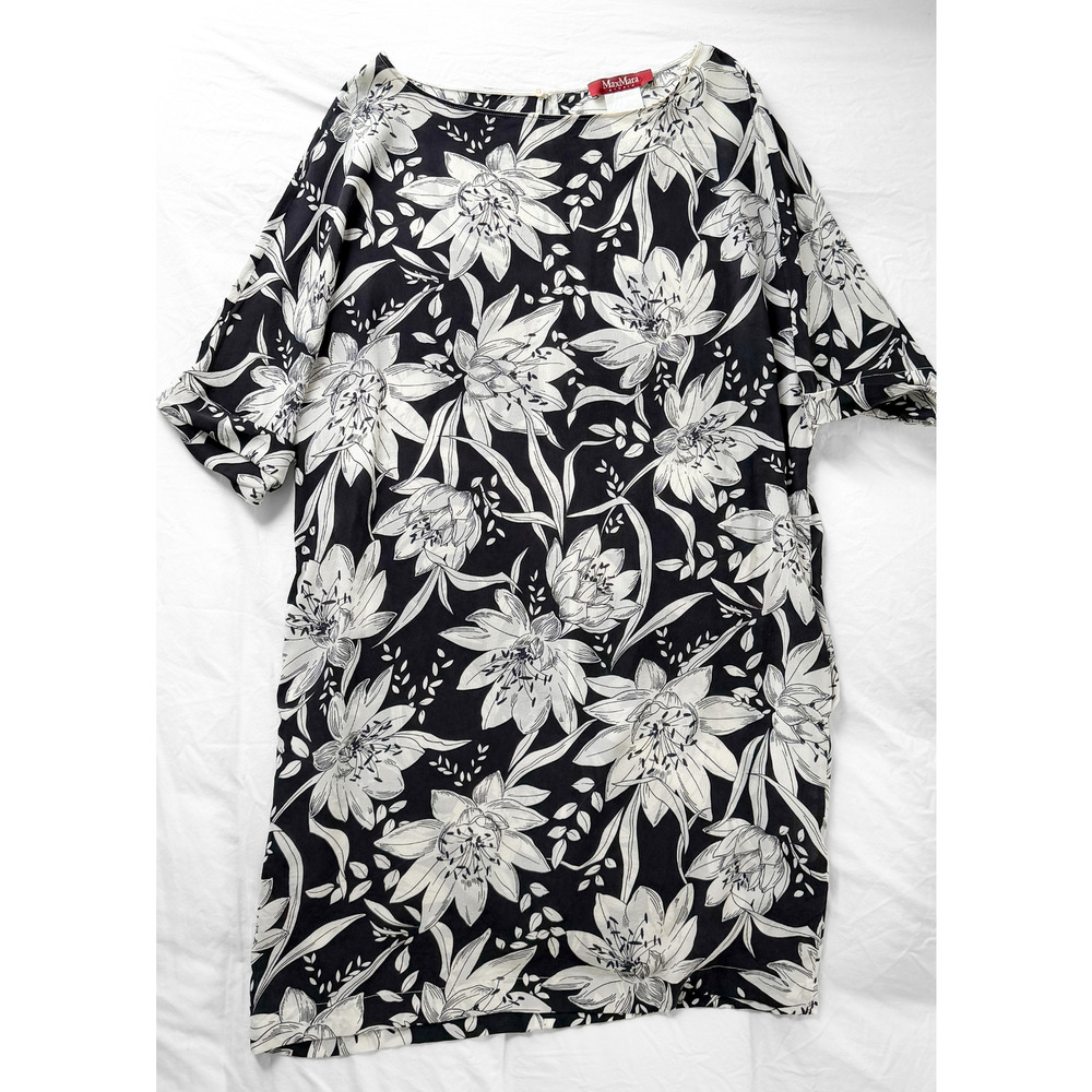 Max Mara Studio Black White Silk Large Floral Shift Dress - Picture 8 of 11